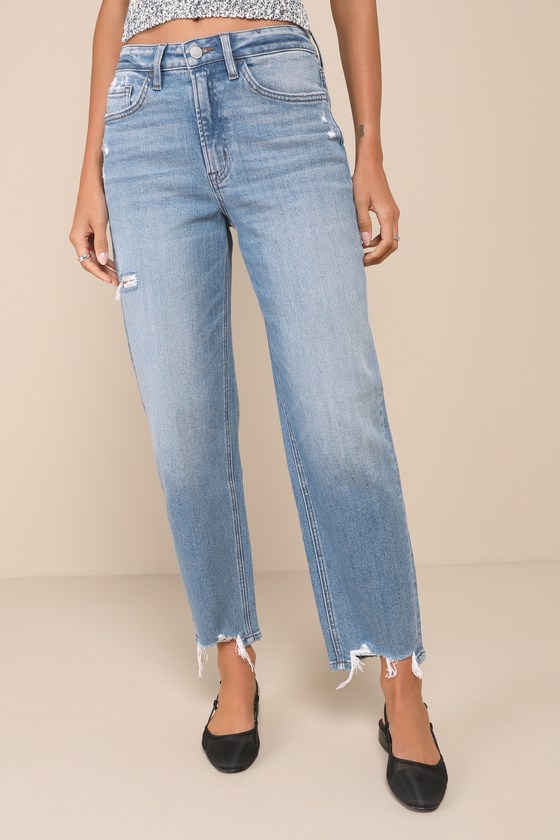 Flying Monkey Perfect Coolness Medium Wash Distressed High-rise Raw Hem Jeans In Blue