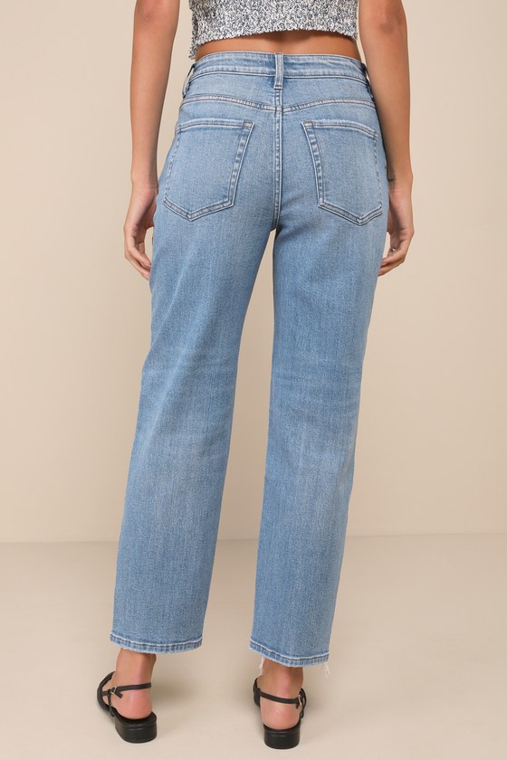 Flying Monkey Perfect Coolness Medium Wash Distressed High-rise Raw Hem Jeans In Blue