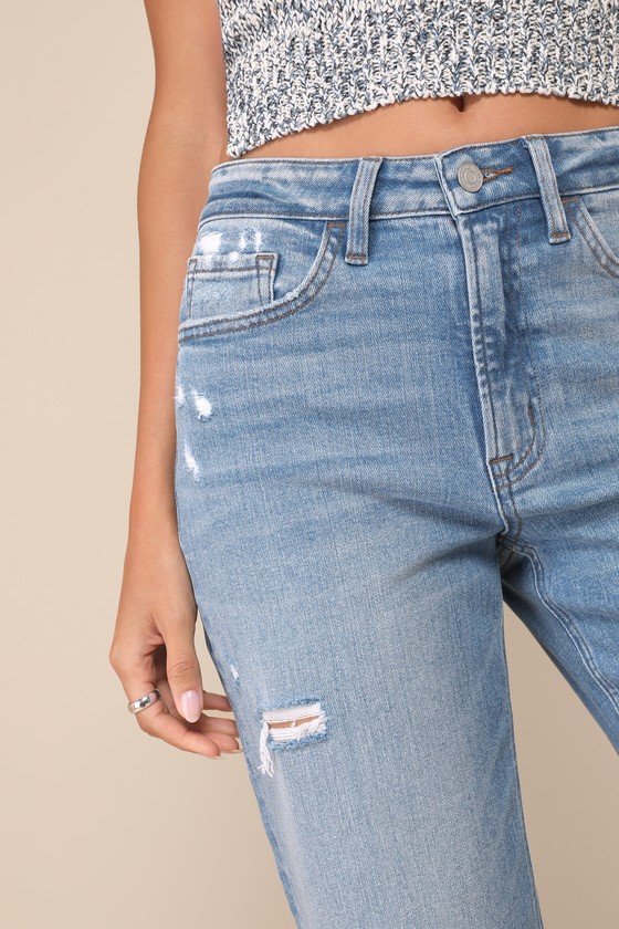 Flying Monkey Perfect Coolness Medium Wash Distressed High-rise Raw Hem Jeans In Blue