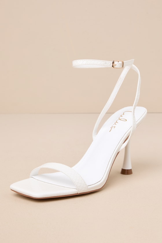 LULUS MARVEN WHITE SNAKE-EMBOSSED ANKLE STRAP HIGH HEEL SANDALS