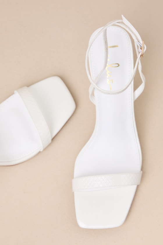 LULUS MARVEN WHITE SNAKE-EMBOSSED ANKLE STRAP HIGH HEEL SANDALS