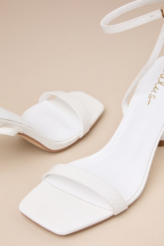 LULUS MARVEN WHITE SNAKE-EMBOSSED ANKLE STRAP HIGH HEEL SANDALS