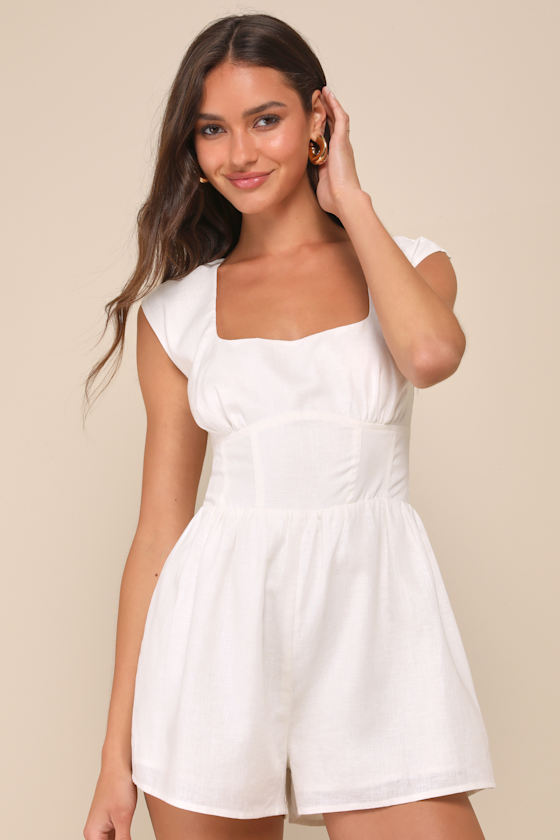 Lulus Elegant Babe White Linen Bustier Cap Sleeve Romper In White