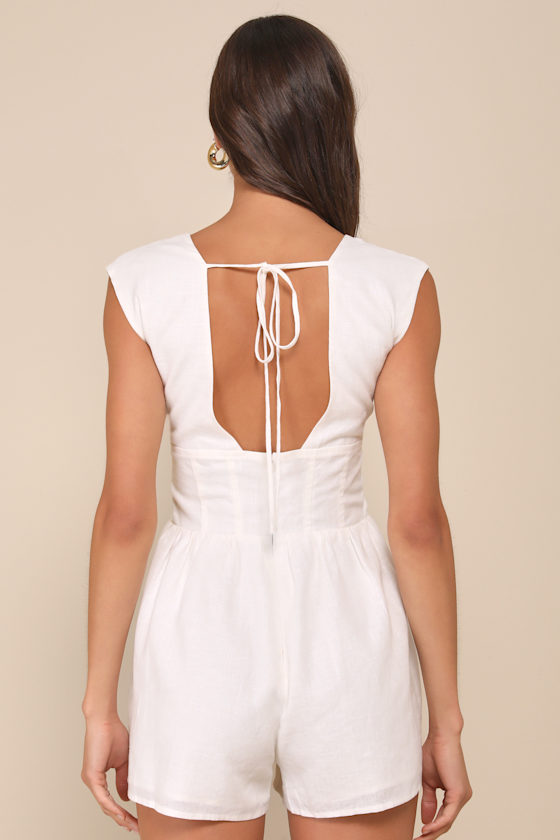 Lulus Elegant Babe White Linen Bustier Cap Sleeve Romper In White