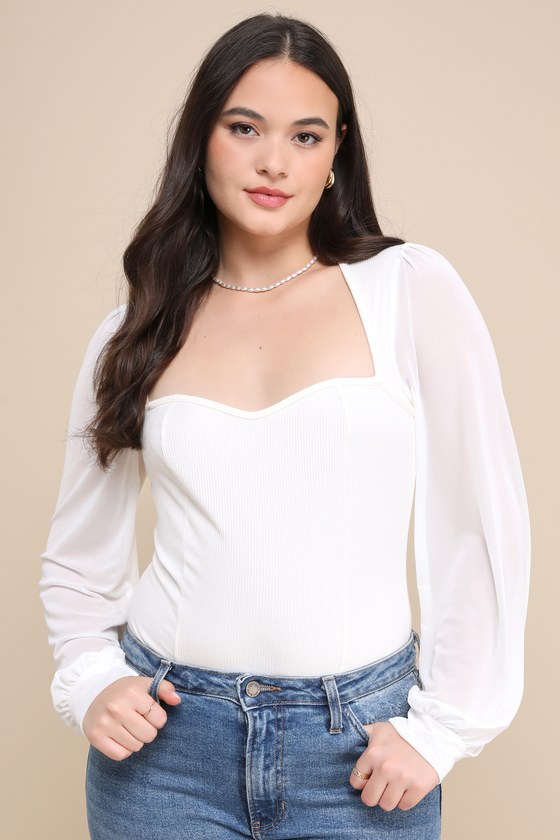 Sensational Sweetheart White Ribbed Balloon Sleeve Bodysuit 1