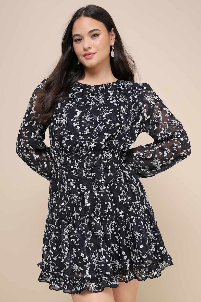 Too Cute Navy Blue Floral Print Smocked Long Sleeve Mini Dress