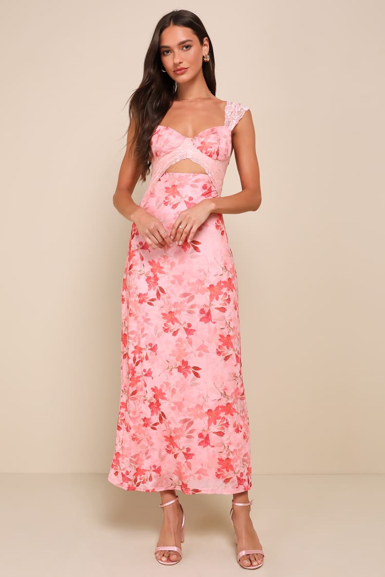 Endlessly Cute Pink Floral Mesh Cutout Lace Bustier Maxi Dress