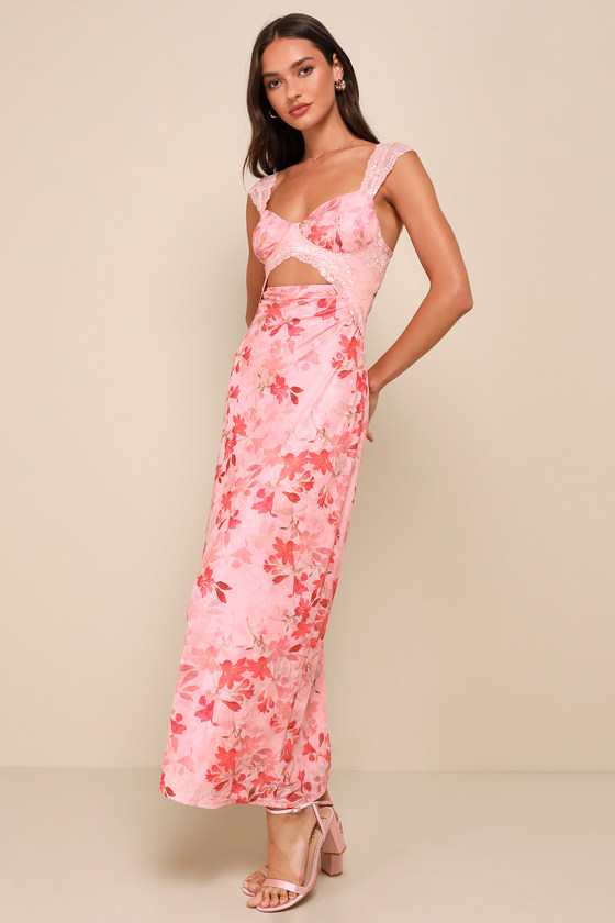 Lulus Endlessly Cute Pink Floral Mesh Cutout Lace Bustier Maxi Dress In Pink