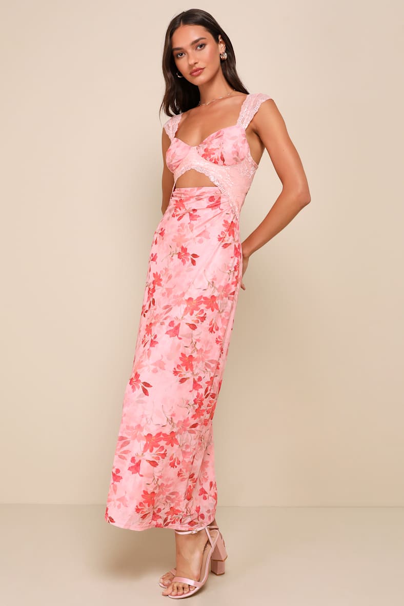 Endlessly Cute Pink Floral Mesh Cutout Lace Bustier Maxi Dress