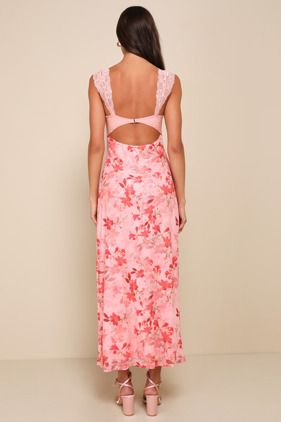 Lulus Endlessly Cute Pink Floral Mesh Cutout Lace Bustier Maxi Dress In Pink