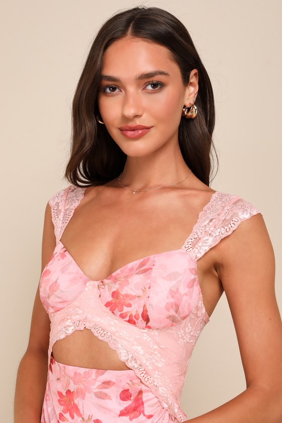 Lulus Endlessly Cute Pink Floral Mesh Cutout Lace Bustier Maxi Dress In Pink