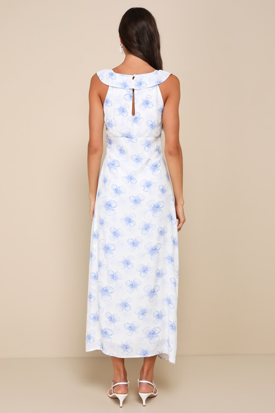 Lulus Exceptionally Lovely White And Blue Floral Ruffled Midi Dress In White And Blue