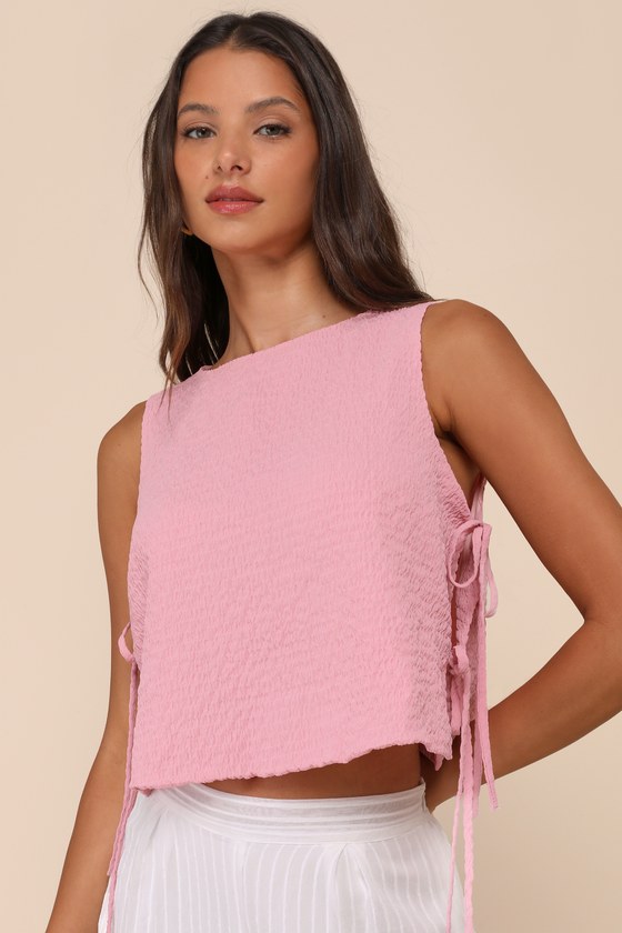 Lulus Flirty Bliss Pink Smocked Side-tie Sleeveless Top In Pink