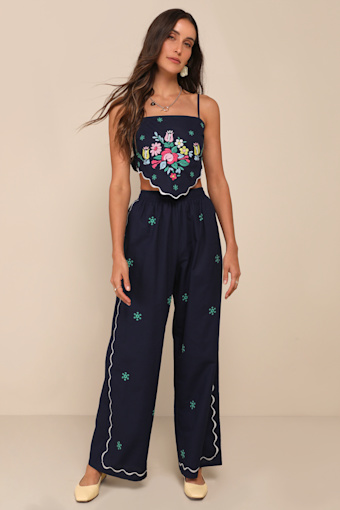 Charmed Aesthetic Navy Blue Linen Embroidered High-Rise Pants 1