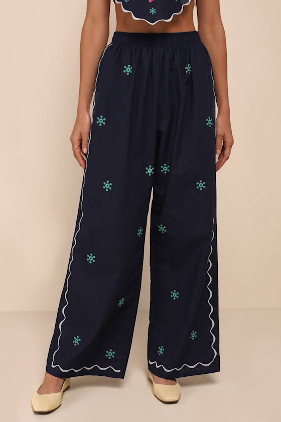 Charmed Aesthetic Navy Blue Linen Embroidered High-Rise Pants 2