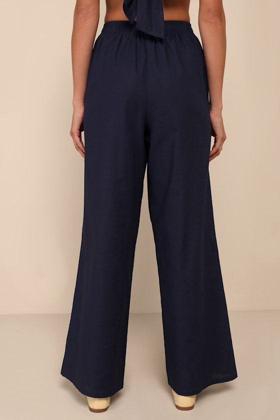 Lulus Charmed Aesthetic Navy Blue Linen Embroidered High-rise Pants