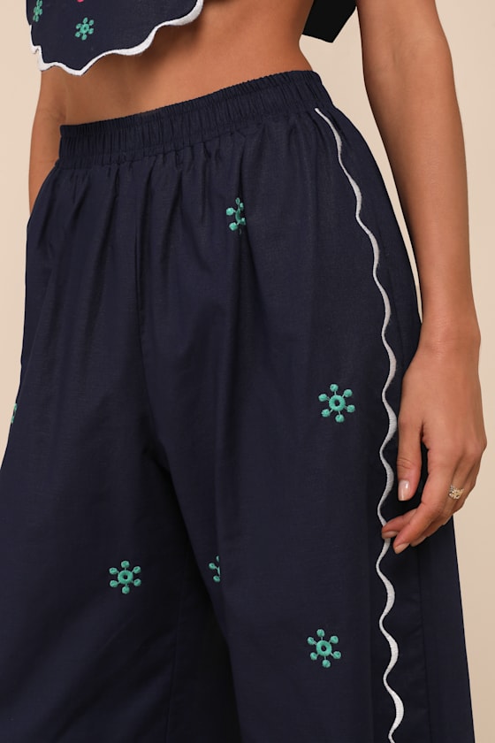Lulus Charmed Aesthetic Navy Blue Linen Embroidered High-rise Pants