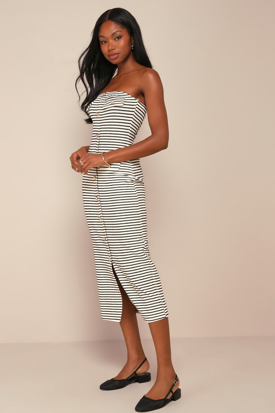 Shop Lulus Momentous Poise Black And Ivory Striped Strapless Midi Dress