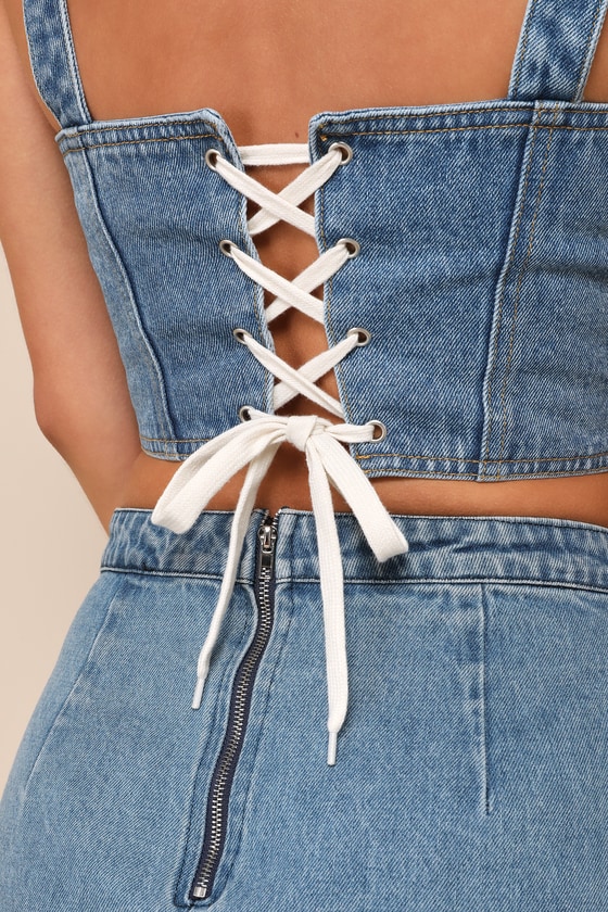 Lulus Definite Sweetie Medium Wash Denim Bustier Lace-up Crop Top In Blue