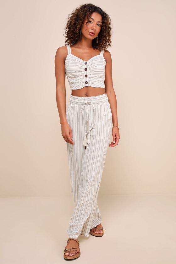 Lulus Endless Leisure Beige Multi Striped Cropped Sleeveless Top In Beige