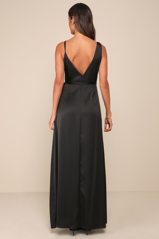 Black Satin Gown - Wrap Maxi Dress - Asymmetrical Maxi Dress - Lulus