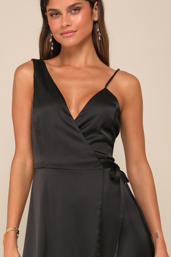 Black Satin Gown Wrap Maxi Dress Asymmetrical Maxi Dress Lulus