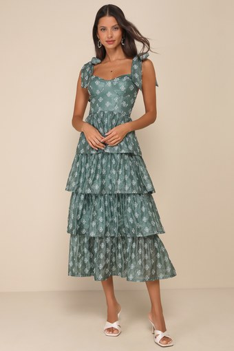 Gorgeous Excellence Teal Green Floral Burnout Tiered Midi Dress 1