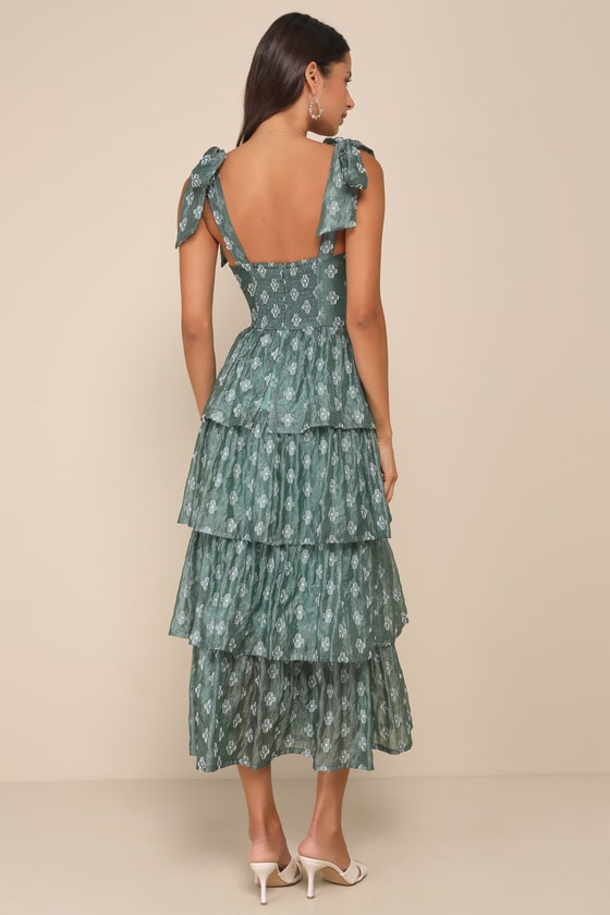 Lulus Gorgeous Excellence Teal Green Floral Burnout Tiered Midi Dress In Teal Green