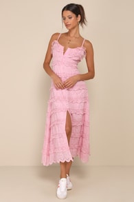 Delightful Cuteness Pink Lace Ruffled Button-Up Maxi Dress 1