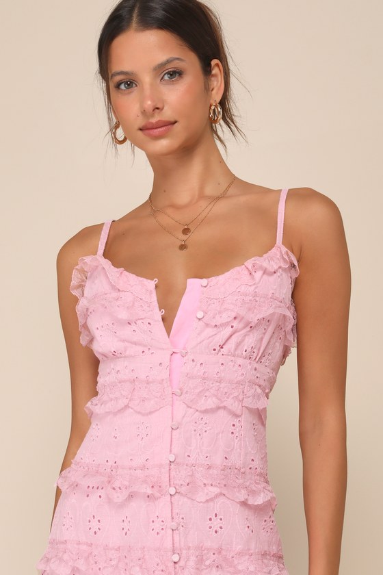 LULUS DELIGHTFUL CUTENESS PINK LACE RUFFLED BUTTON-UP MAXI DRESS