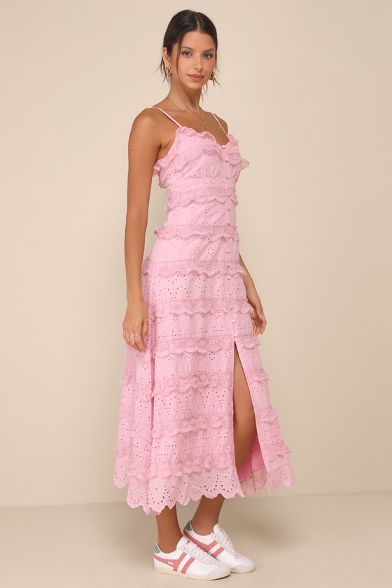 LULUS DELIGHTFUL CUTENESS PINK LACE RUFFLED BUTTON-UP MAXI DRESS