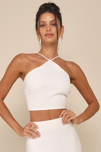 Sweetly Elite Ivory Tweed Sleeveless Halter Crop Top 1