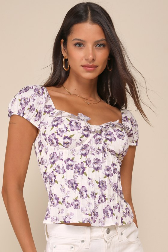 Magnificent Poise Ivory Floral Ruffled Lace-Up Bustier Top