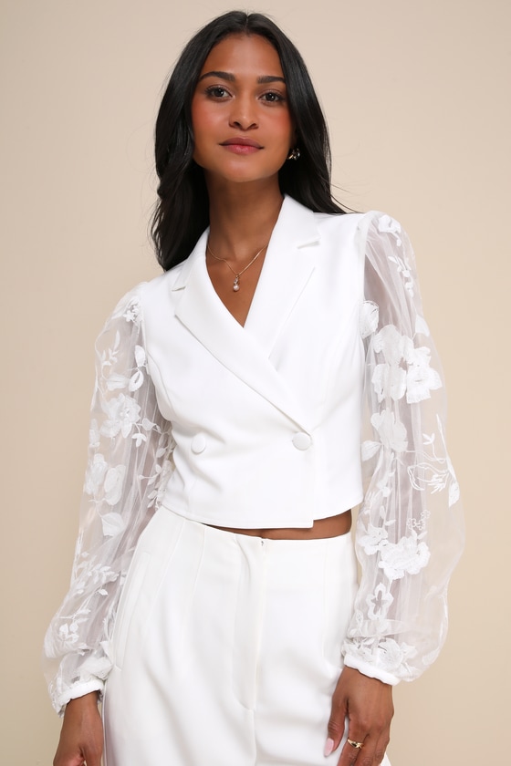 Exquisitely Stylish White Cropped Sheer Balloon Sleeve Blazer 2