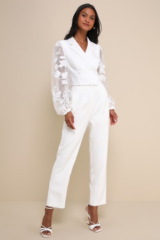 Lulus Exquisitely Stylish White Cropped Sheer Balloon Sleeve Blazer In White
