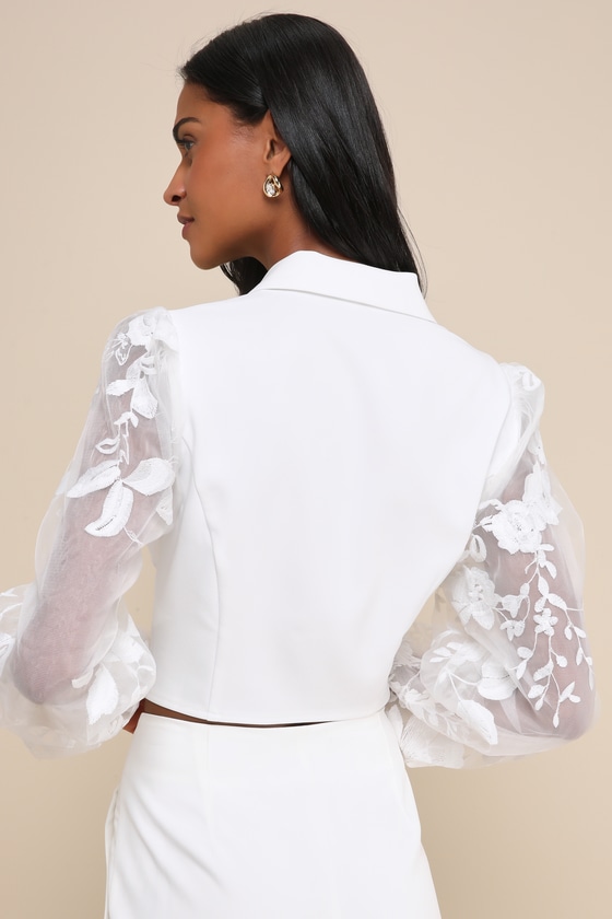 Lulus Exquisitely Stylish White Cropped Sheer Balloon Sleeve Blazer In White