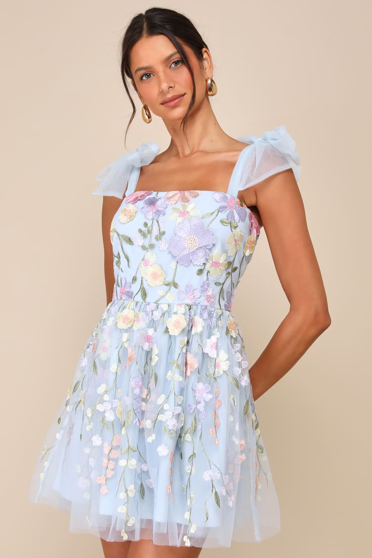 Blue 3D Floral Appliqués  Straps Mini Dress