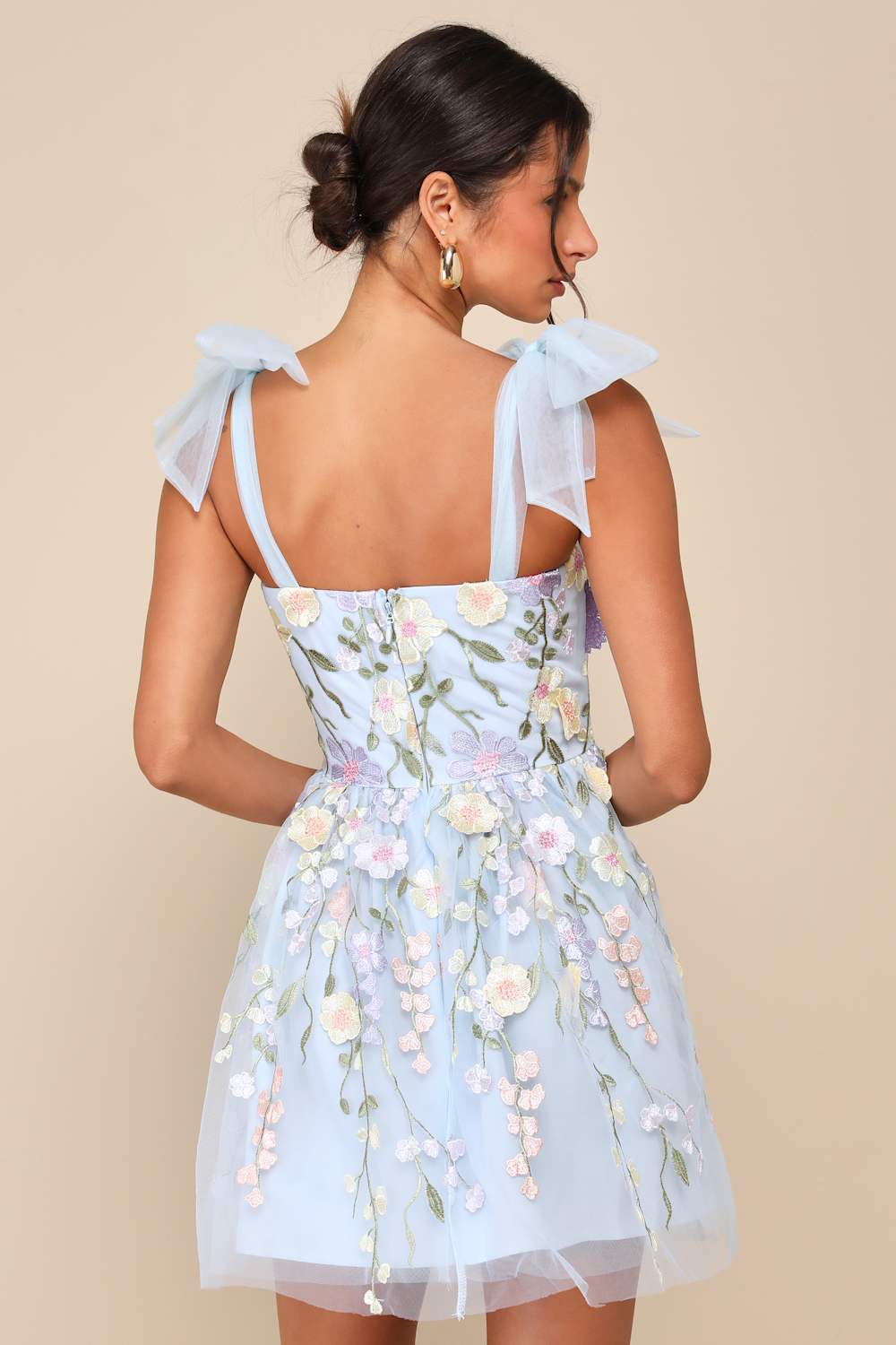 Classic Romance Blue 3D Floral Applique Tie-Strap Mini Dress