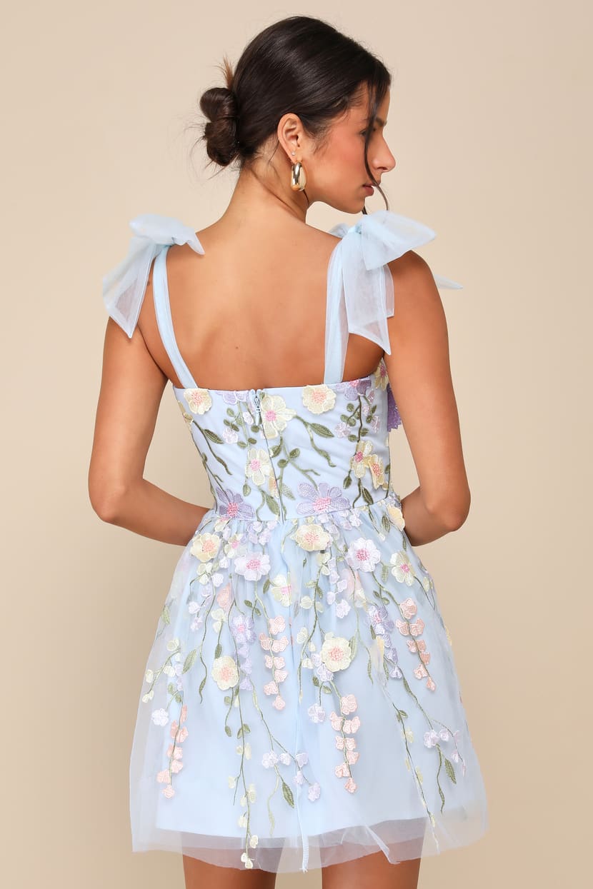 Blue 3D Floral Appliqués Straps Mini Dress Blue 3D Floral Appliqués Straps Mini Dress