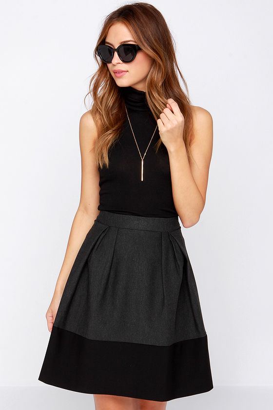 Chic Grey Skirt Grey and Black Skirt Color Block Skirt Skater Skirt 43.00