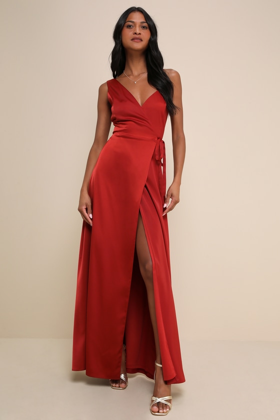 LULUS POISED SOPHISTICATION RUST RED SATIN WRAP MAXI DRESS