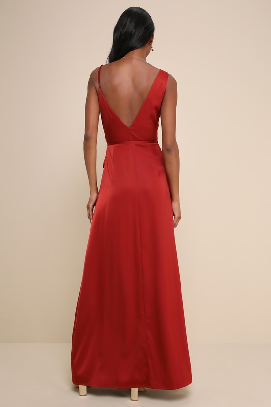 LULUS POISED SOPHISTICATION RUST RED SATIN WRAP MAXI DRESS