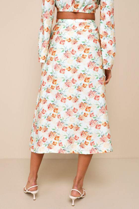 LULUS CUTE EXPERTISE LIGHT SAGE GREEN FLORAL HIGH-WAISTED MIDI SKIRT