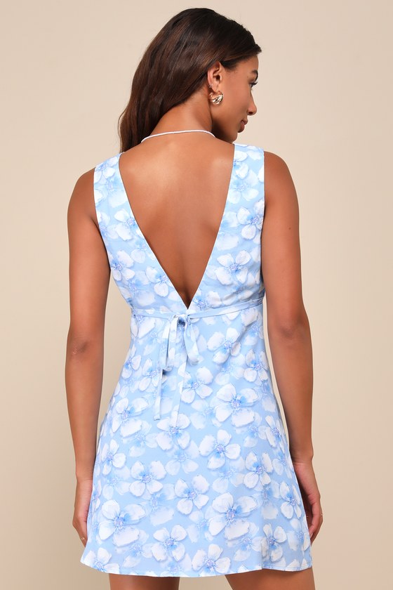 Lulus Ultimate Sweetie Blue Floral V-neck Sleeveless A-line Mini Dress In Blue