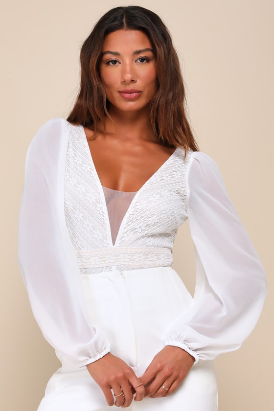 LULUS DELIGHTFUL OPTION WHITE LACE BALLOON SLEEVE BODYSUIT