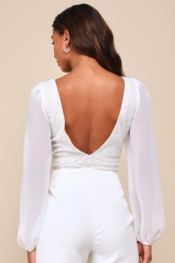 White Lace Bodysuit - Balloon Sleeve Bodysuit - V-Neck