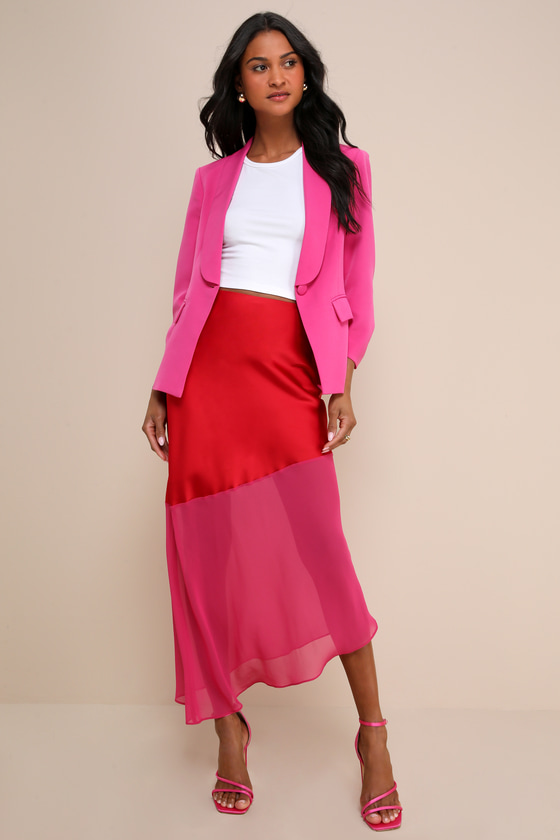 Memorable Approach Red and Pink Color Block Satin Midi Skirt 2