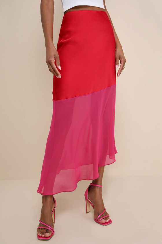 Ladies Elastic Band Midi Skirt-Pink and Red