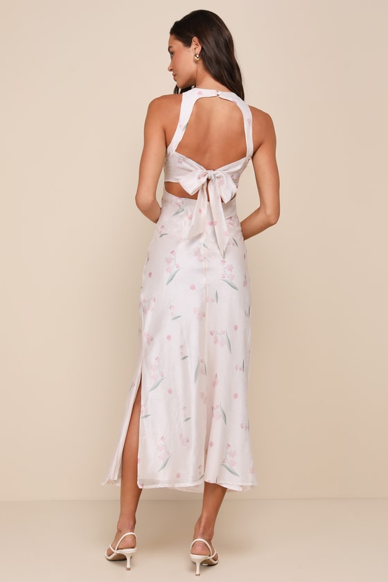 Floral Cross Tie Back Midi Dress in Cream main image 0