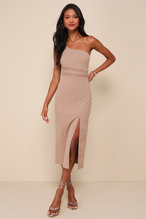 Taupe Mesh Midi Dress - One-Shoulder Dress - Bodycon Midi Dress - Lulus